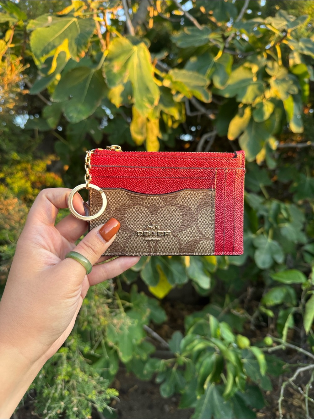 Coach Red and Brown Signature Card holder with Keyring